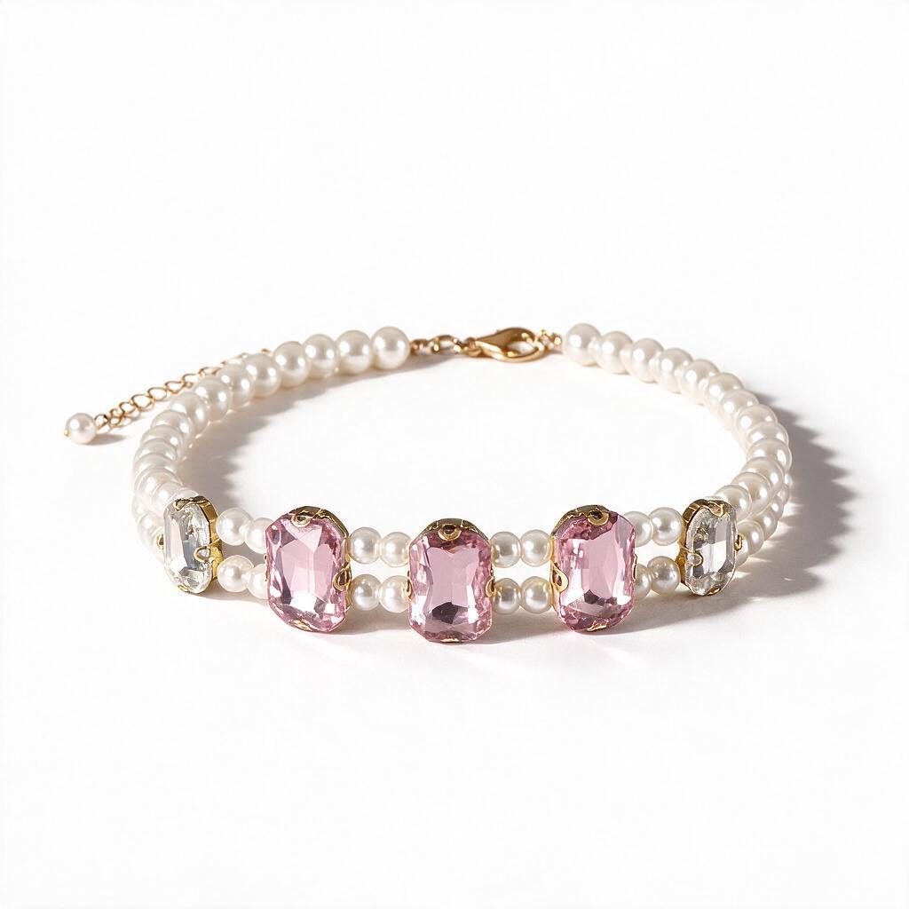Pink square-cut crystal and pearl pet necklace