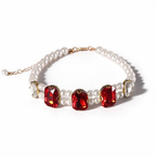Red square-cut crystal and pearl pet necklace