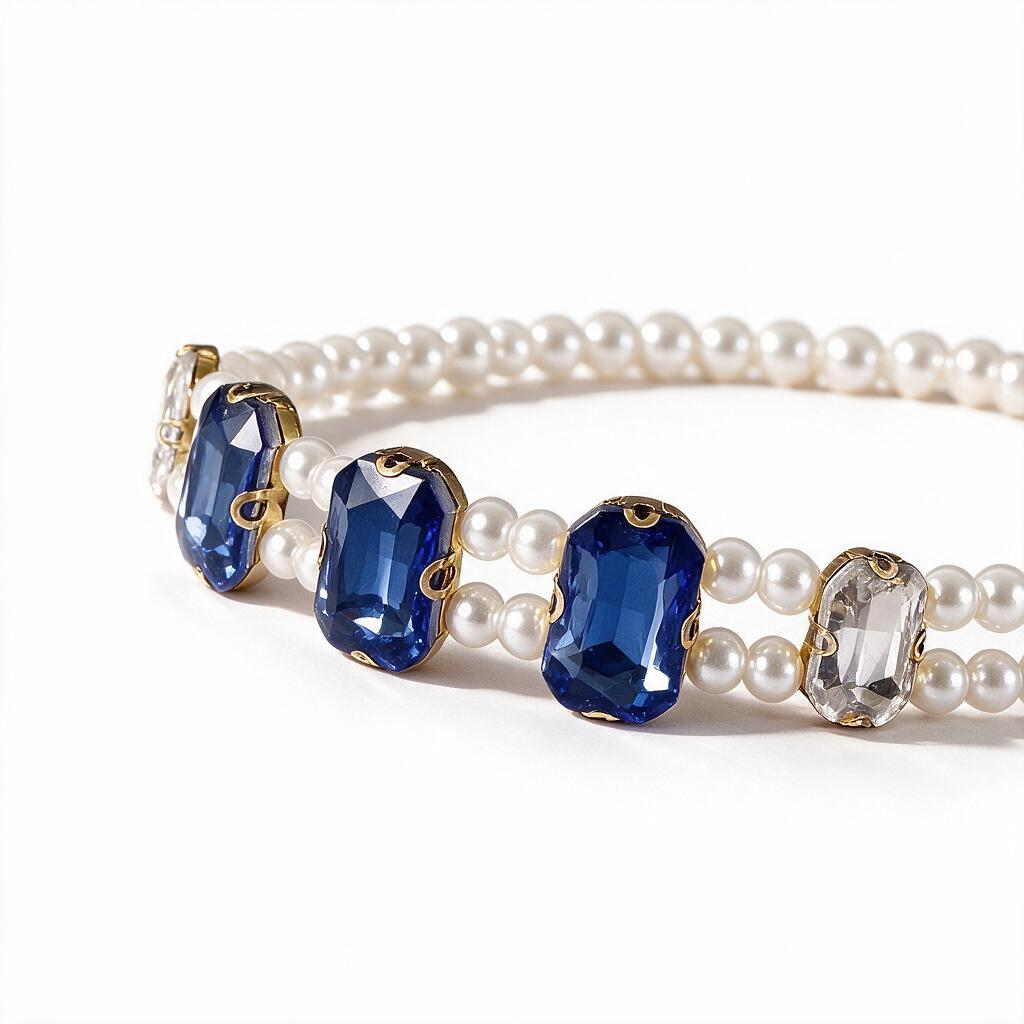 Square-cut crystal and pearl necklace detail