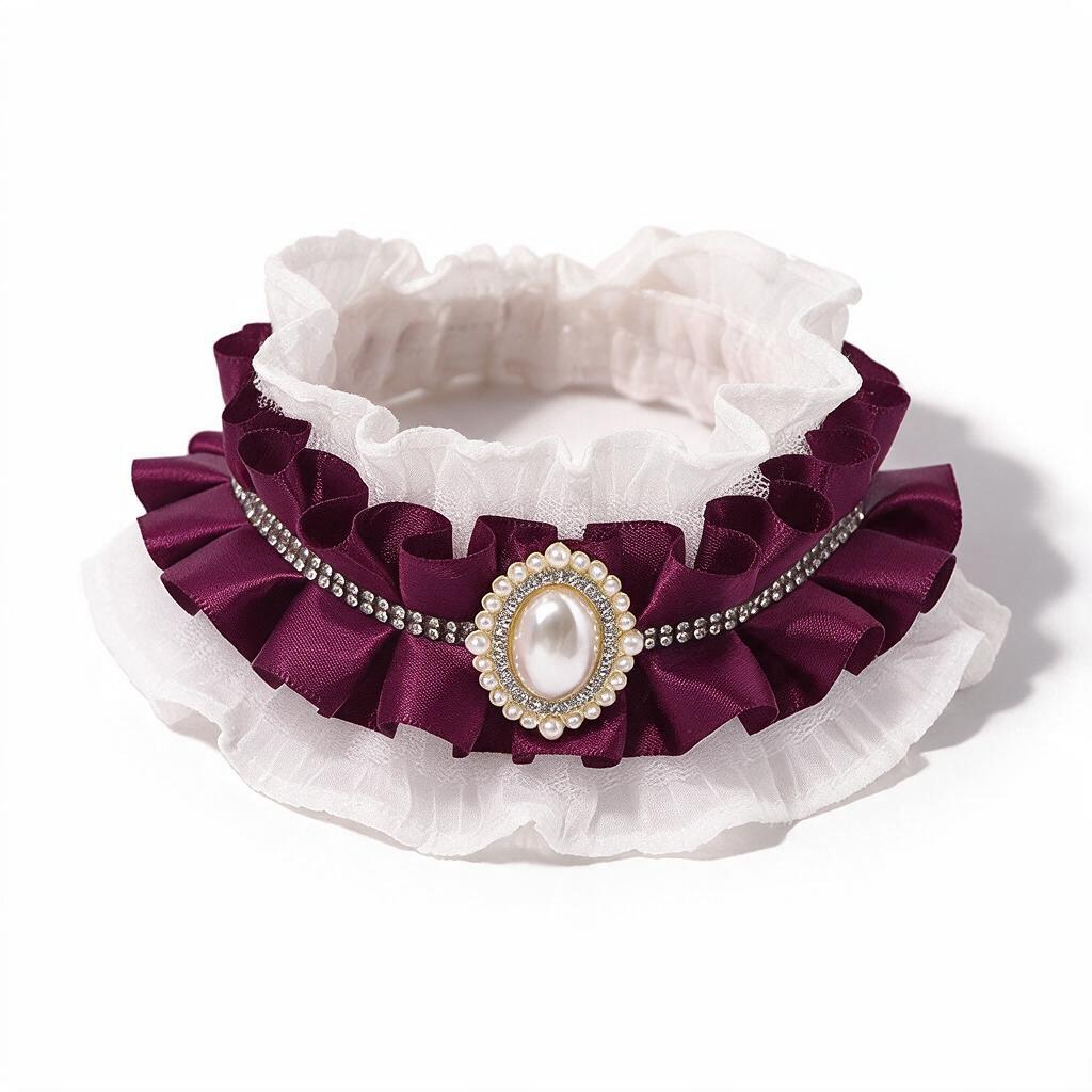 Burgundy vintage lace and pearl ruffle pet collar