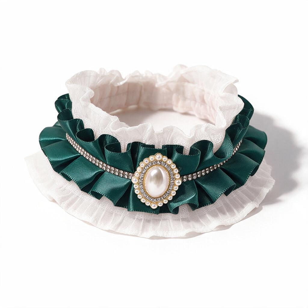 Emerald green vintage lace and pearl ruffle pet collar