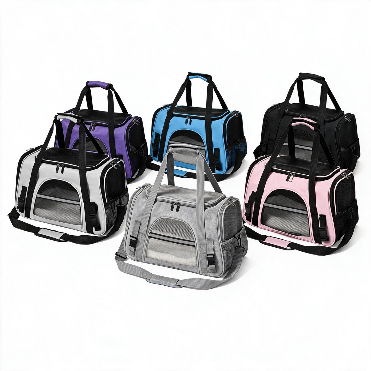 Six colours of the Annapaws soft-sided pet travel carrier