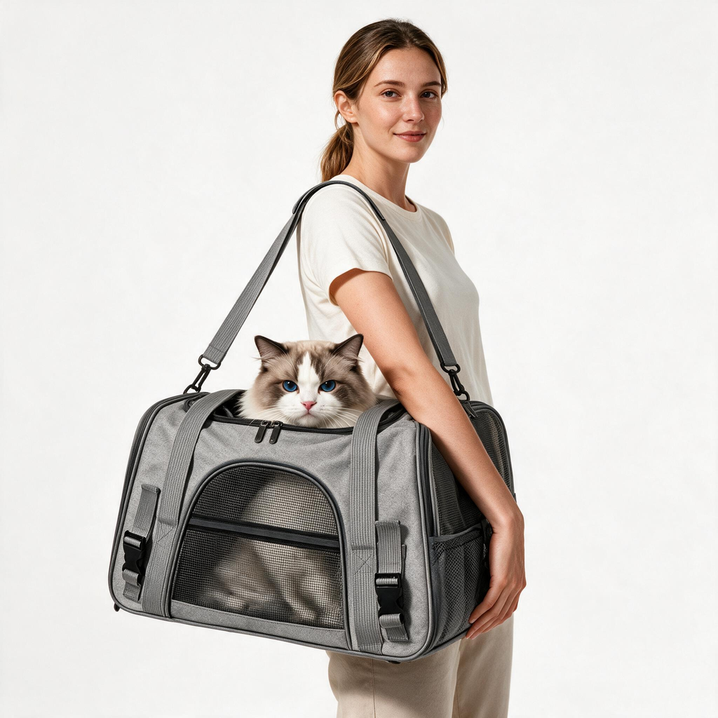 Pet travelling in the Annapaws soft-sided ventilated carrier bag