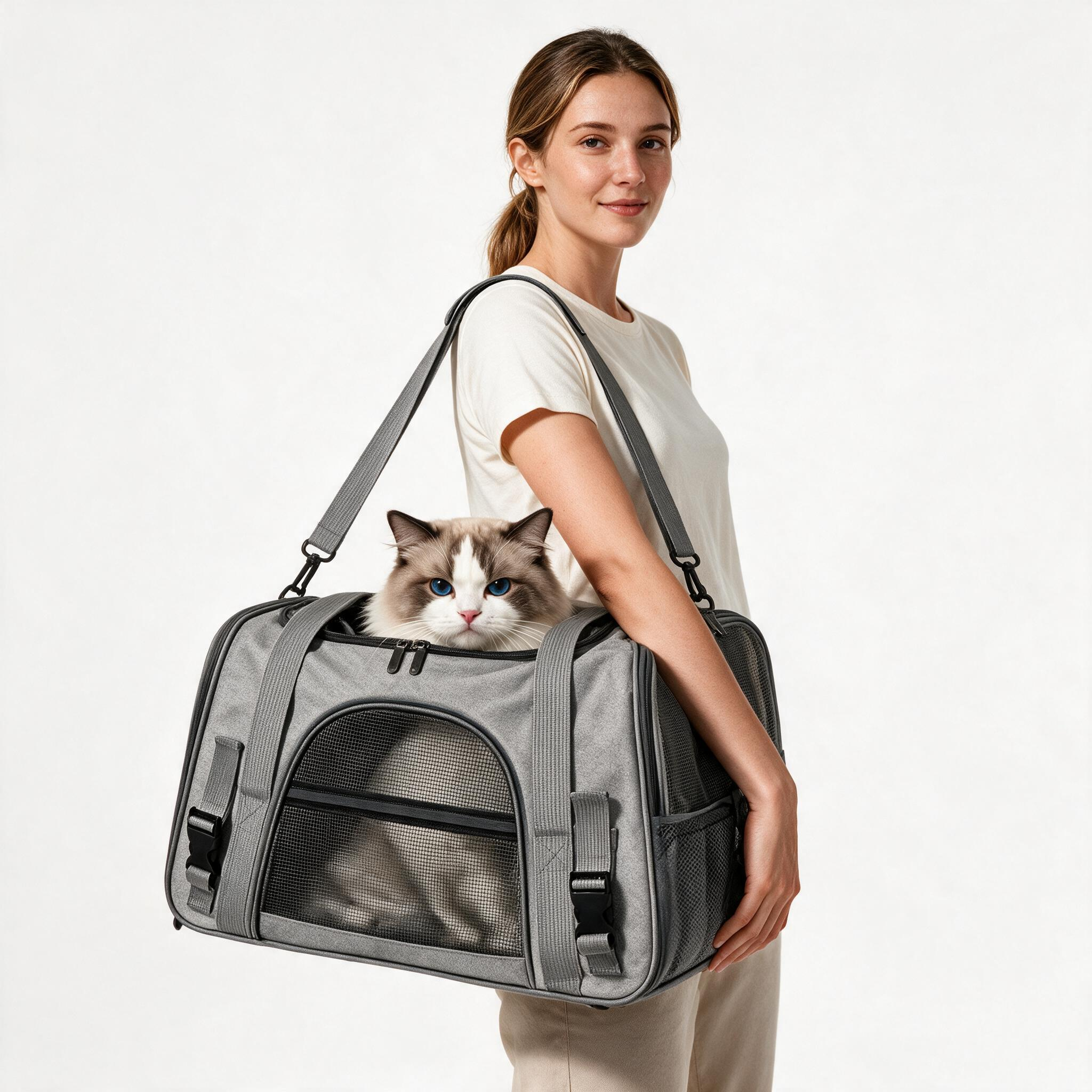 Pet travelling in the Annapaws soft-sided ventilated carrier bag
