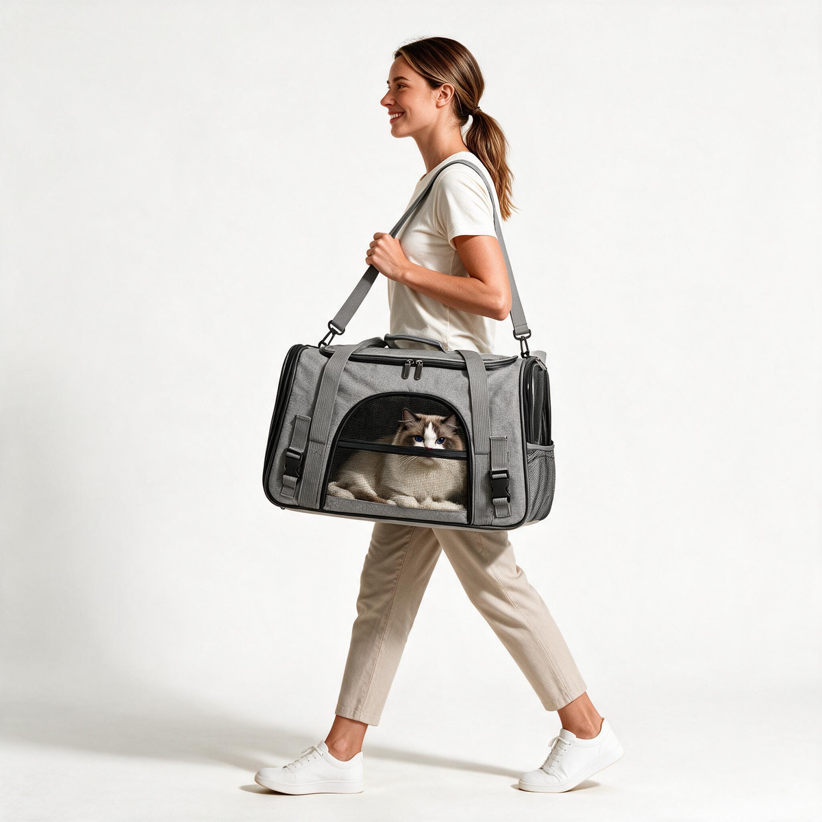 Woman carrying a cat in the Annapaws pet travel carrier