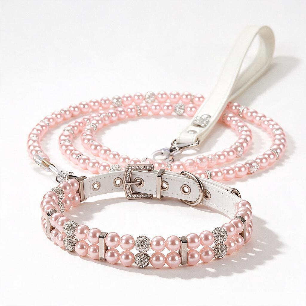 Pink pearl collar and matching leash set