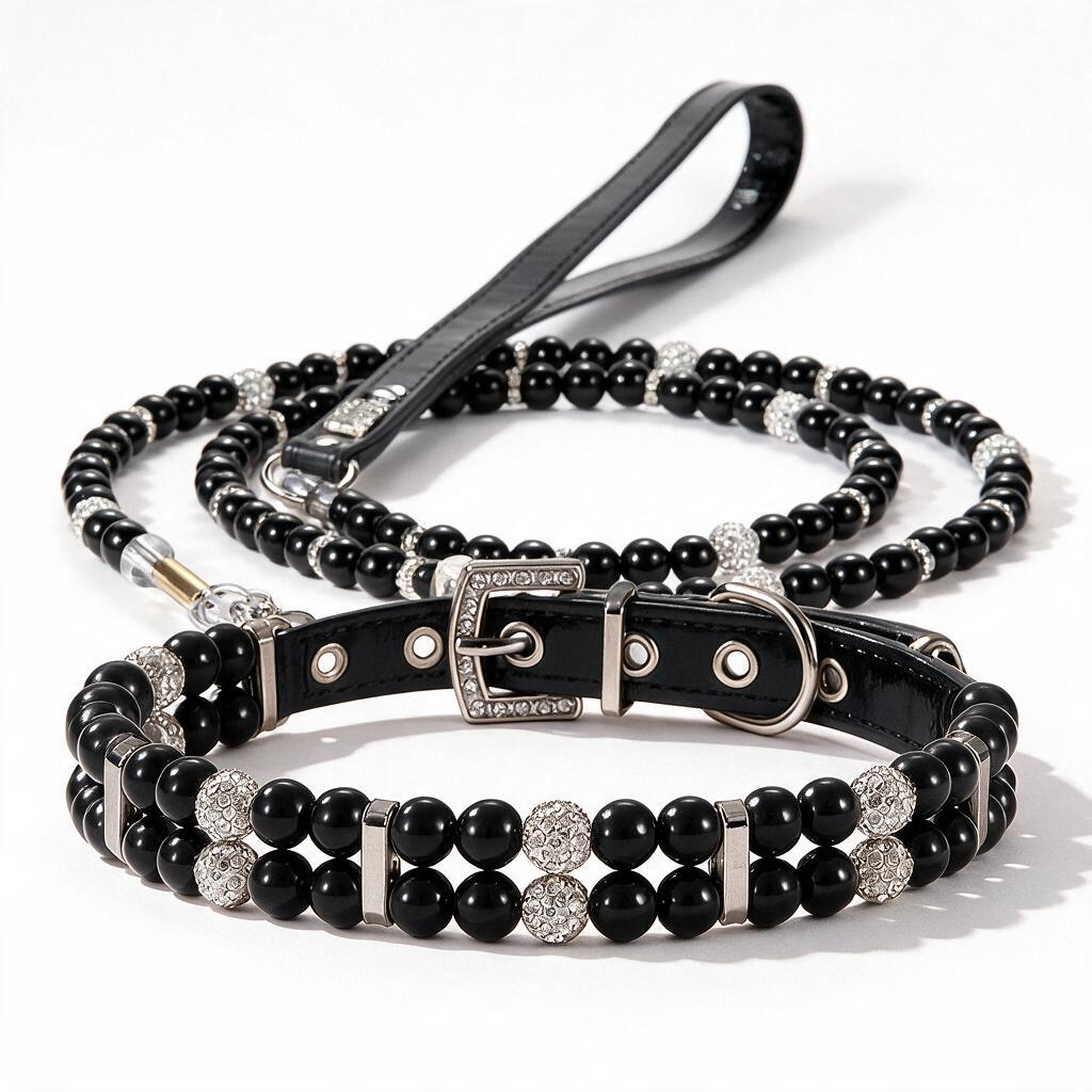 Black pearl collar and matching leash set
