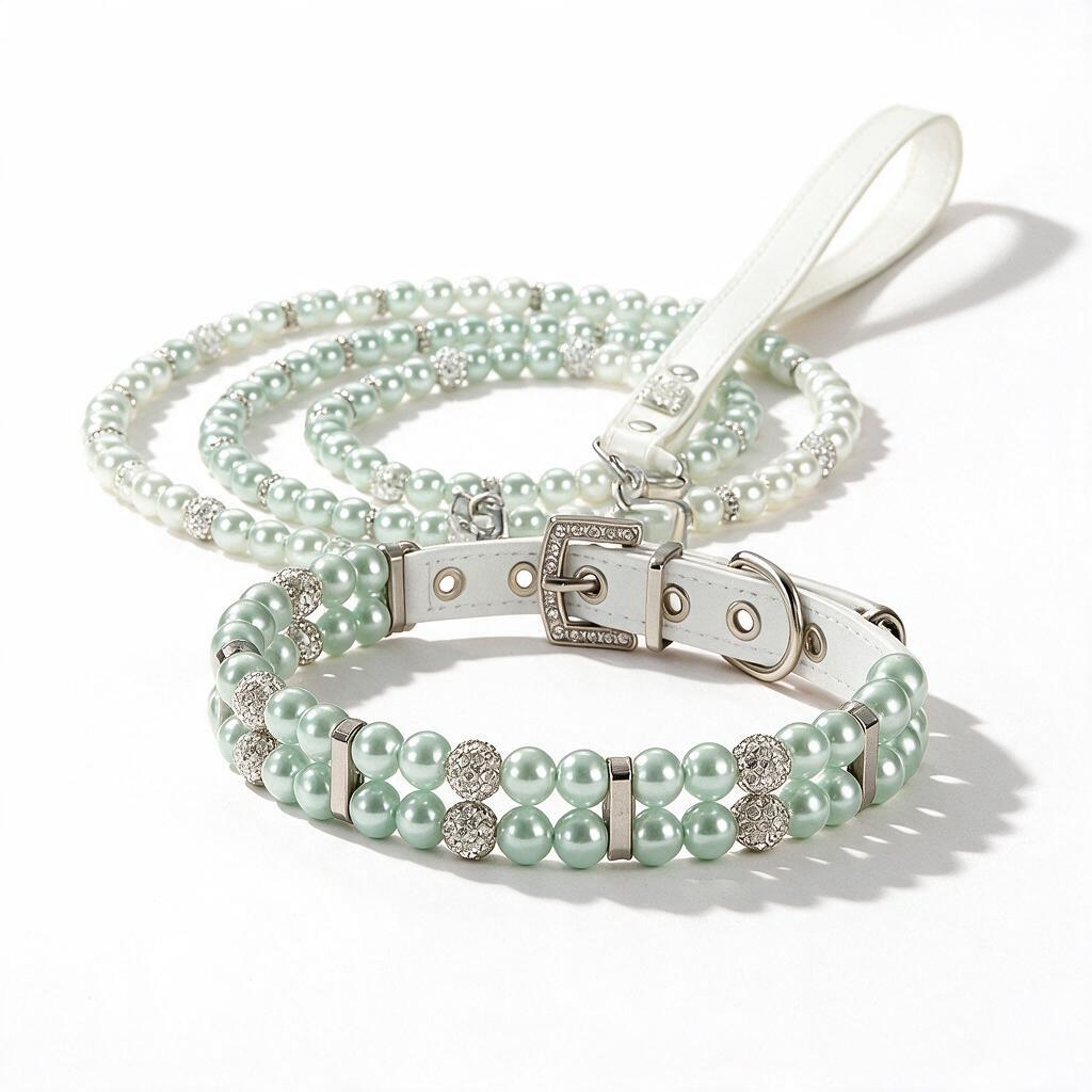 Green pearl collar and matching leash set
